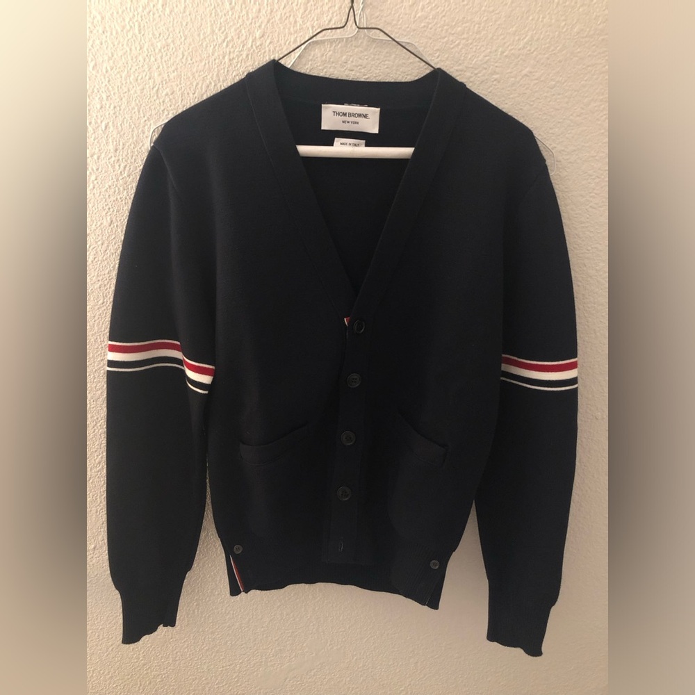 Thom Browne navy cardigan stripes.